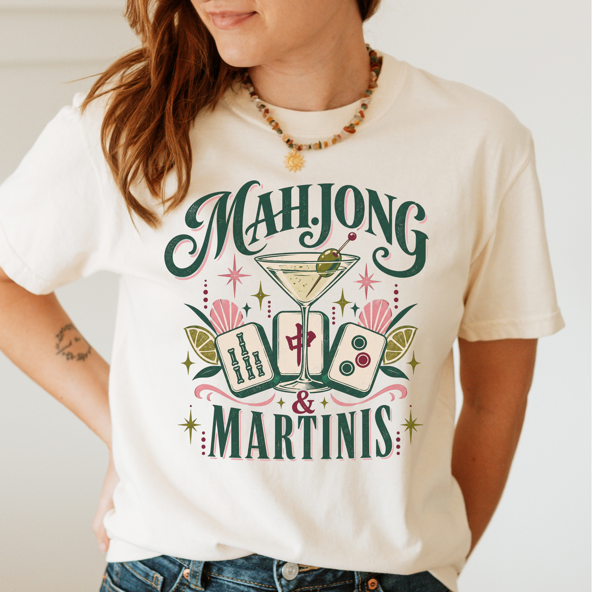 Woman wearing the Mahjong and Martinis t-shirt in Ivory