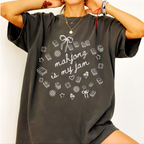 Woman wearing the Mahjong Is My Jam doodle t-shirt in Espresso