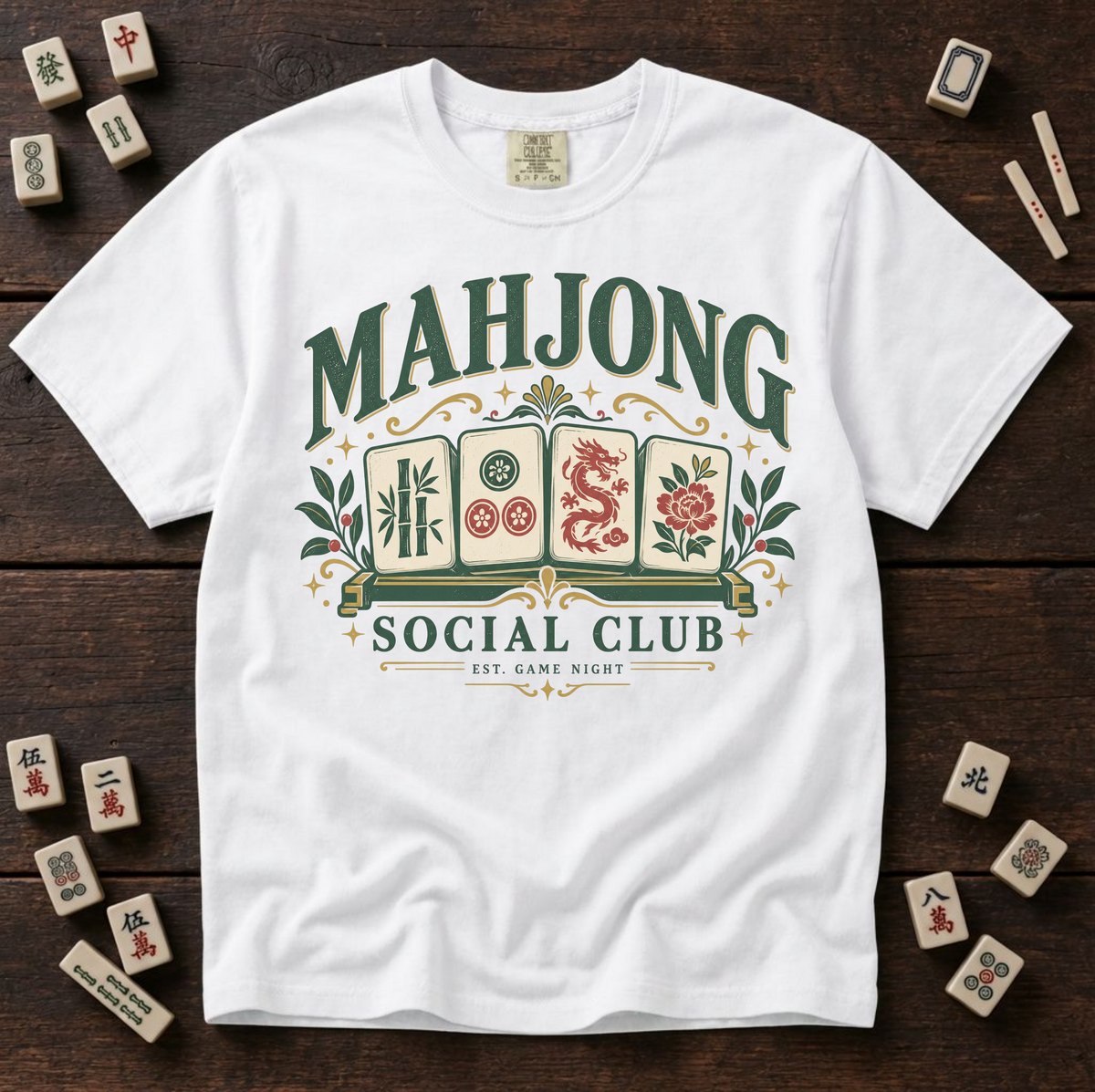Mahjong Social Club t-shirt in Violet, flat lay on white wood