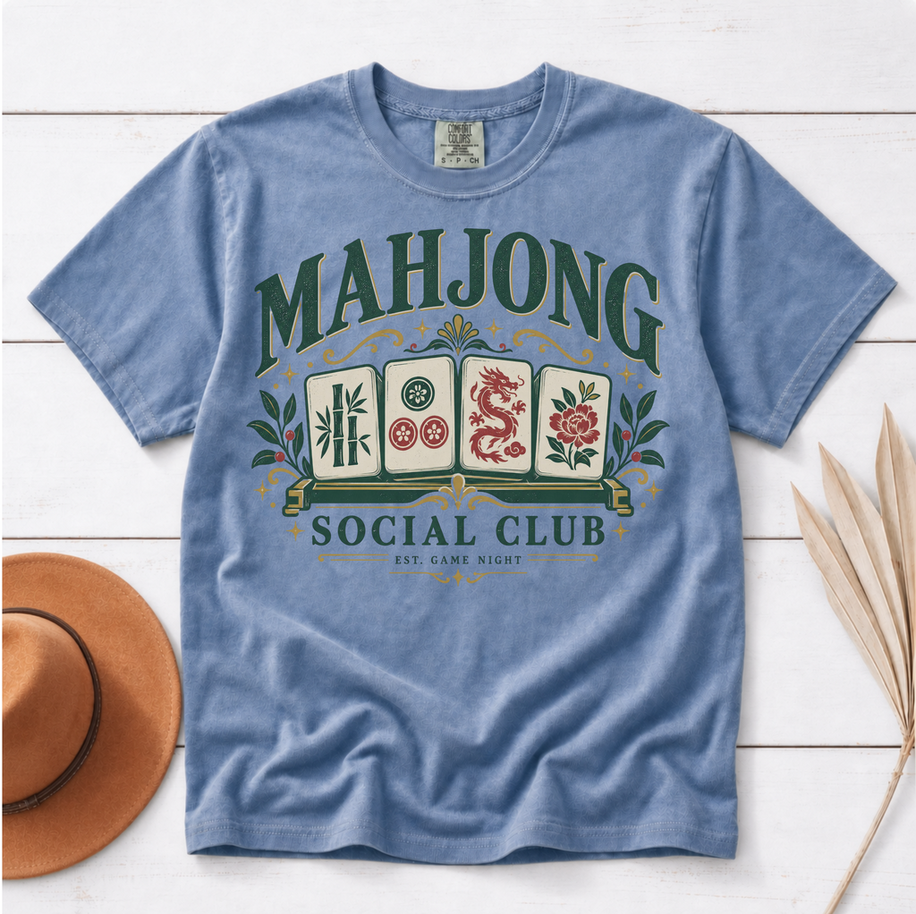Woman wearing the Mahjong Social Club t-shirt in White