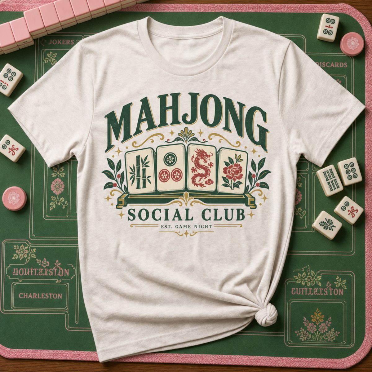 Mahjong Social Club t-shirt in Jean Blue, flat lay on white wood