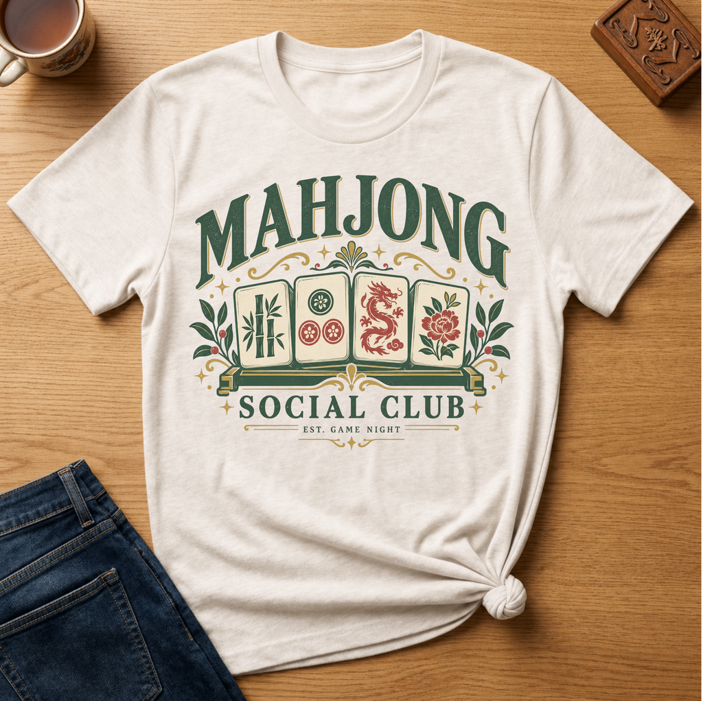 Mahjong Social Club t-shirt in White, flat lay on white wood