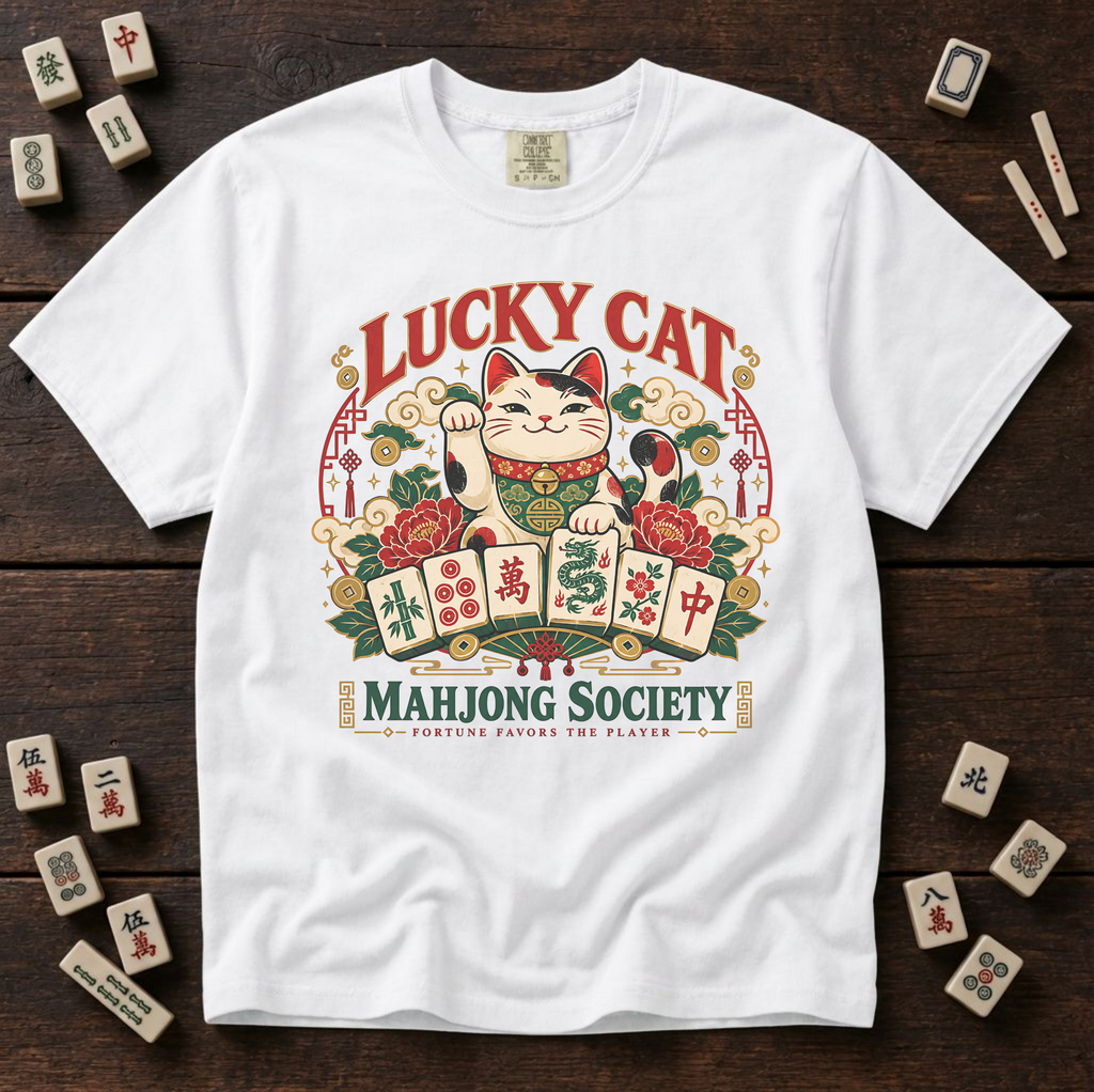 Lucky Cat Mahjong Society t-shirt in Ivory, folded mockup on white wood