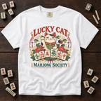 Lucky Cat Mahjong Society t-shirt in Ivory, folded mockup on white wood