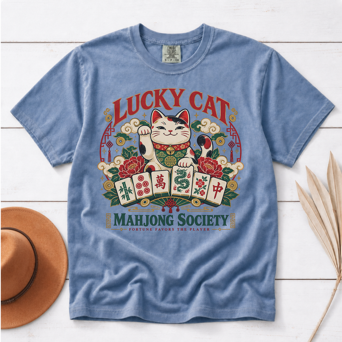 Woman wearing the Lucky Cat Mahjong Society t-shirt in White