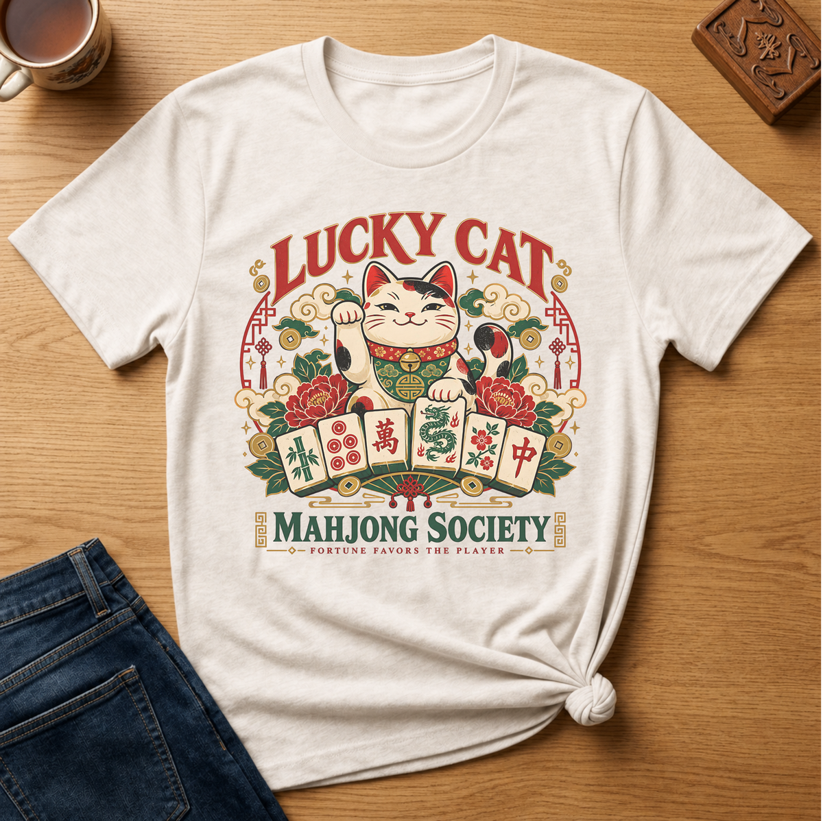 Lucky Cat Mahjong Society t-shirt in Ivory, flat lay on white wood