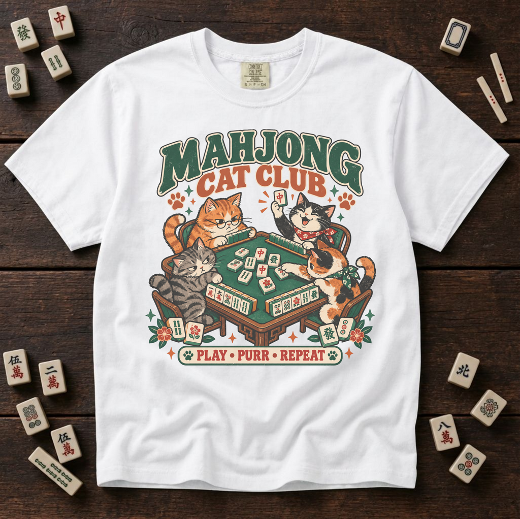 Mahjong Cat Club t-shirt in Blossom, flat lay on white wood