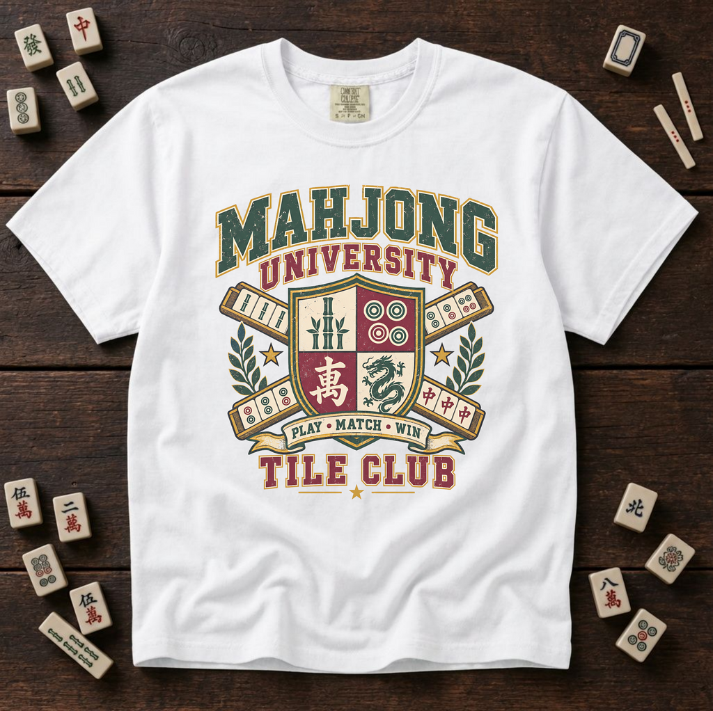 Mahjong University Tile Club t-shirt in White, flat lay on white wood