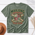 Mahjong University Tile Club t-shirt in Jean Blue, flat lay on white wood