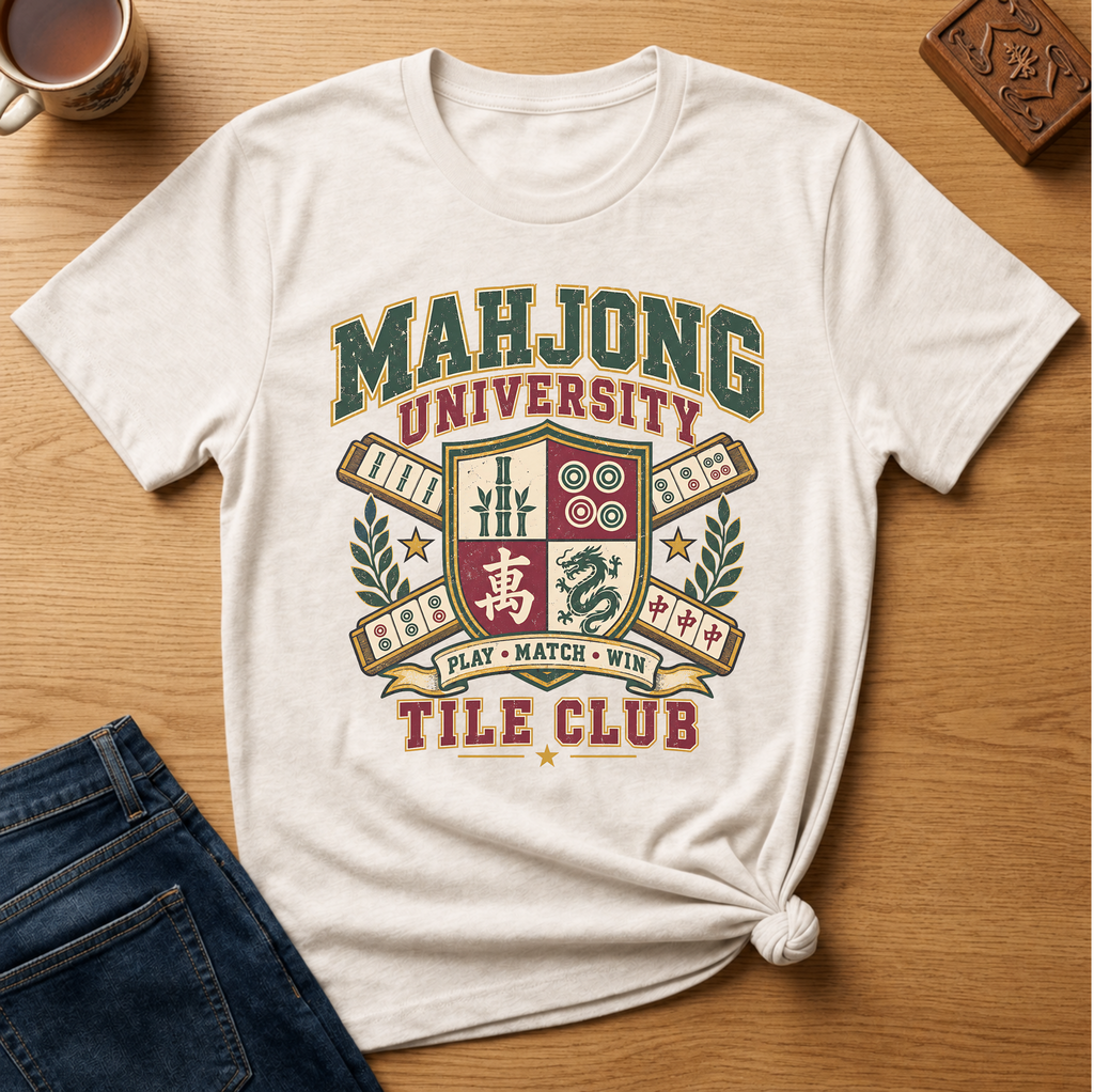 Mahjong University Tile Club t-shirt in Ivory, flat lay on white wood