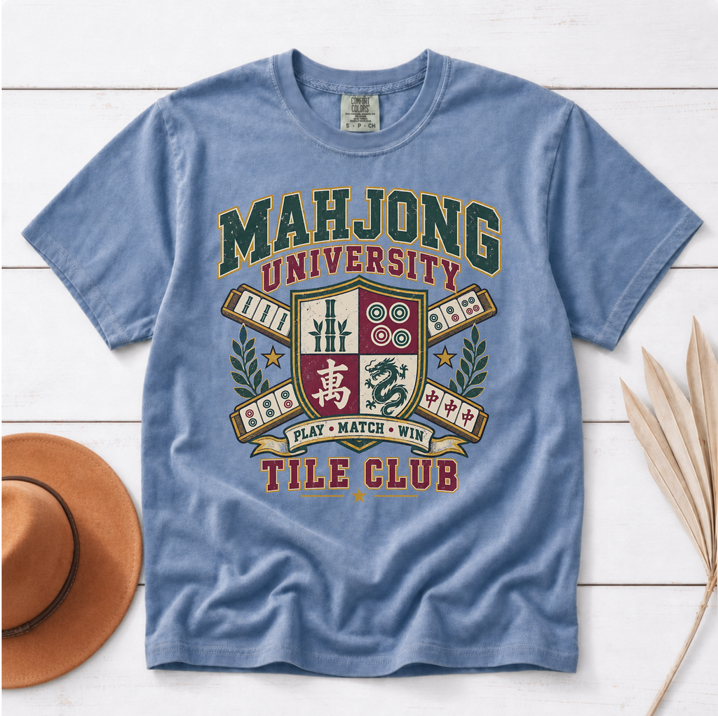 Woman wearing the Mahjong University Tile Club t-shirt in White