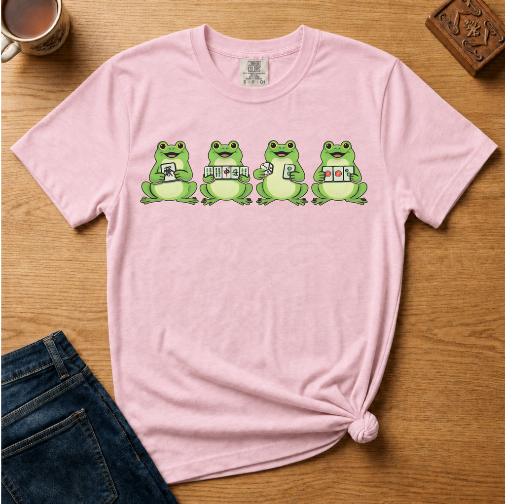 Mahjong Frogs Shirt in Black - frogs playing mahjong design on a black Comfort Colors 1717 tee, flat lay
