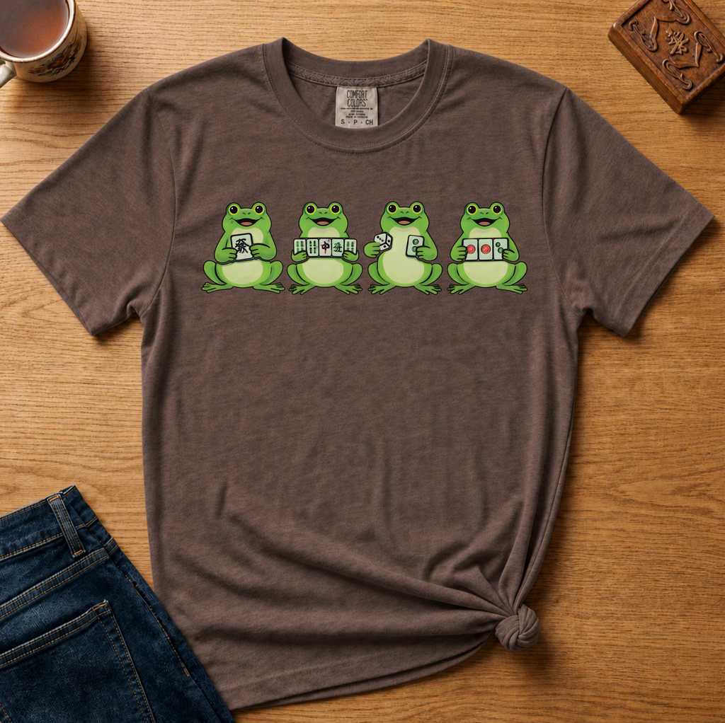 Mahjong Frogs Shirt in White - frogs playing mahjong design on a white Comfort Colors 1717 tee, flat lay