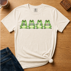 Mahjong Frogs Shirt in Moss - frogs playing mahjong design on a green Comfort Colors 1717 tee, flat lay