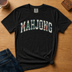 Mahjong Varsity Pattern-Filled Shirt in Pepper - tile-patterned varsity MAHJONG lettering on a dark grey Comfort Colors 1717 tee, flat lay