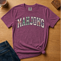 Mahjong Varsity Pattern-Filled Shirt in Black - tile-patterned varsity MAHJONG lettering on a black Comfort Colors 1717 tee, flat lay