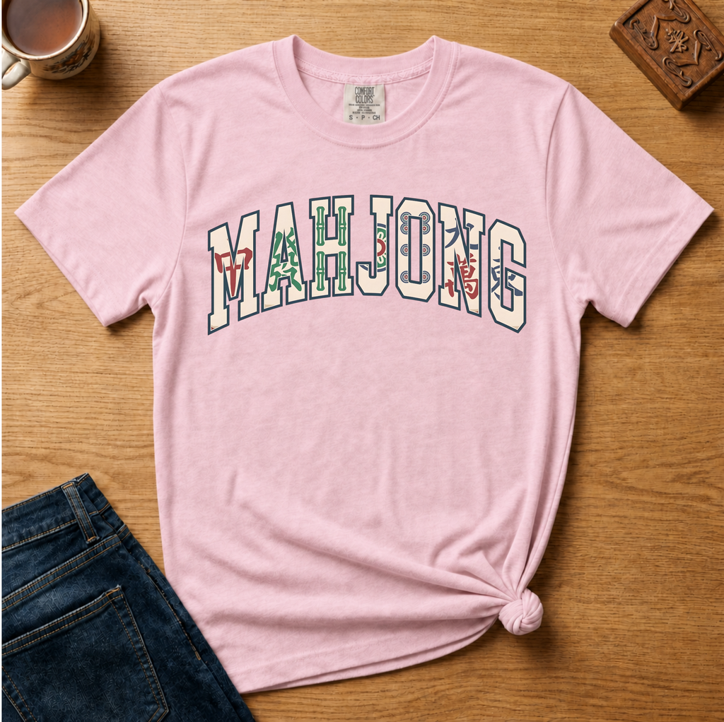 Mahjong Varsity Pattern-Filled Shirt in Blossom - tile-patterned varsity MAHJONG lettering on a pink Comfort Colors 1717 tee, flat lay