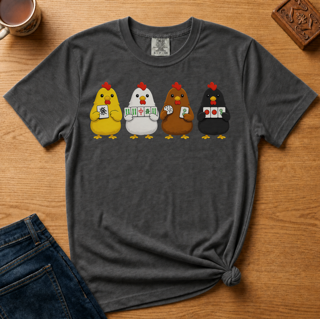 Mahjong Chickens Shirt in Espresso - four cartoon hens holding mahjong tiles on a brown Comfort Colors 1717 tee, flat lay
