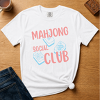 Mahjong Social Club Shirt in White - MAHJONG SOCIAL CLUB typographic tile design on a white Comfort Colors 1717 tee, flat lay