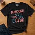 Mahjong Social Club Shirt in Berry - MAHJONG SOCIAL CLUB typographic tile design on a berry Comfort Colors 1717 tee, flat lay