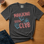 Mahjong Social Club Shirt in White - MAHJONG SOCIAL CLUB typographic tile design on a white Comfort Colors 1717 tee, alternate flat lay view