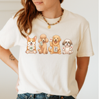 Model wearing the Mahjong Dogs Shirt in Ivory - four cartoon dogs holding mahjong tiles