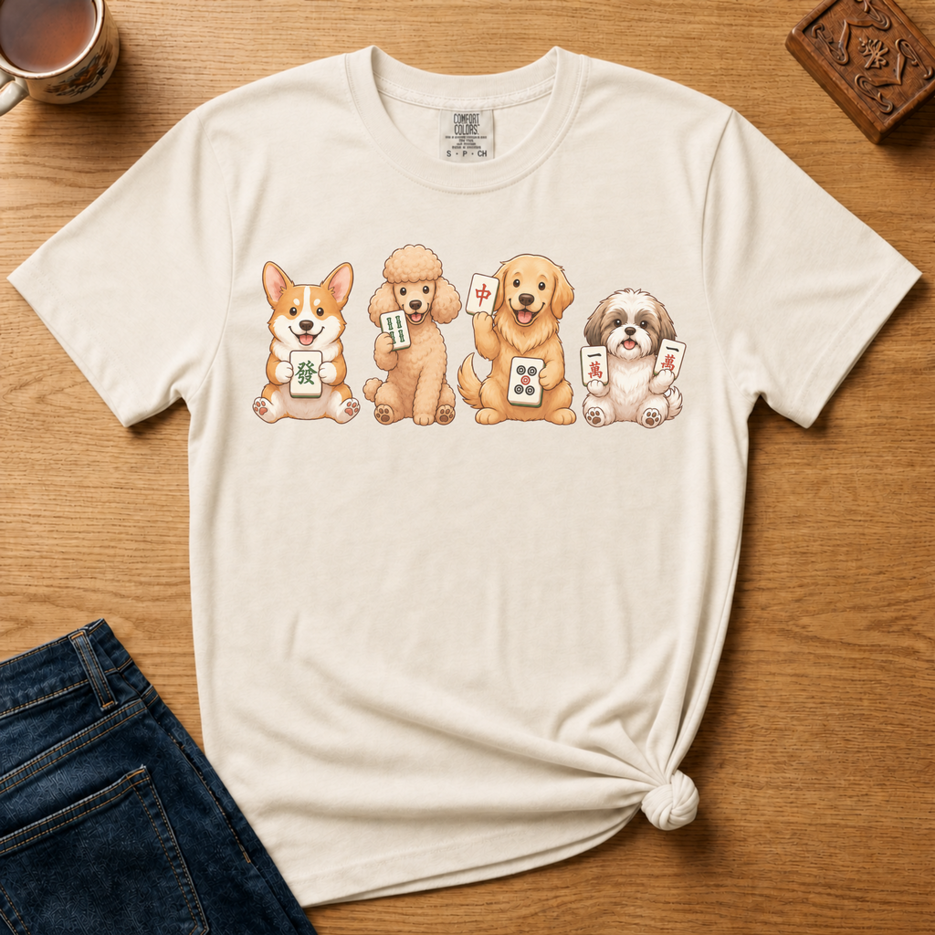 Mahjong Dogs Shirt in Pepper - four cartoon dogs holding mahjong tiles on a dark grey Comfort Colors 1717 tee, flat lay