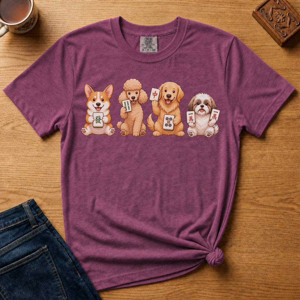 Mahjong Dogs Shirt in Espresso - four cartoon dogs holding mahjong tiles on a brown Comfort Colors 1717 tee, flat lay