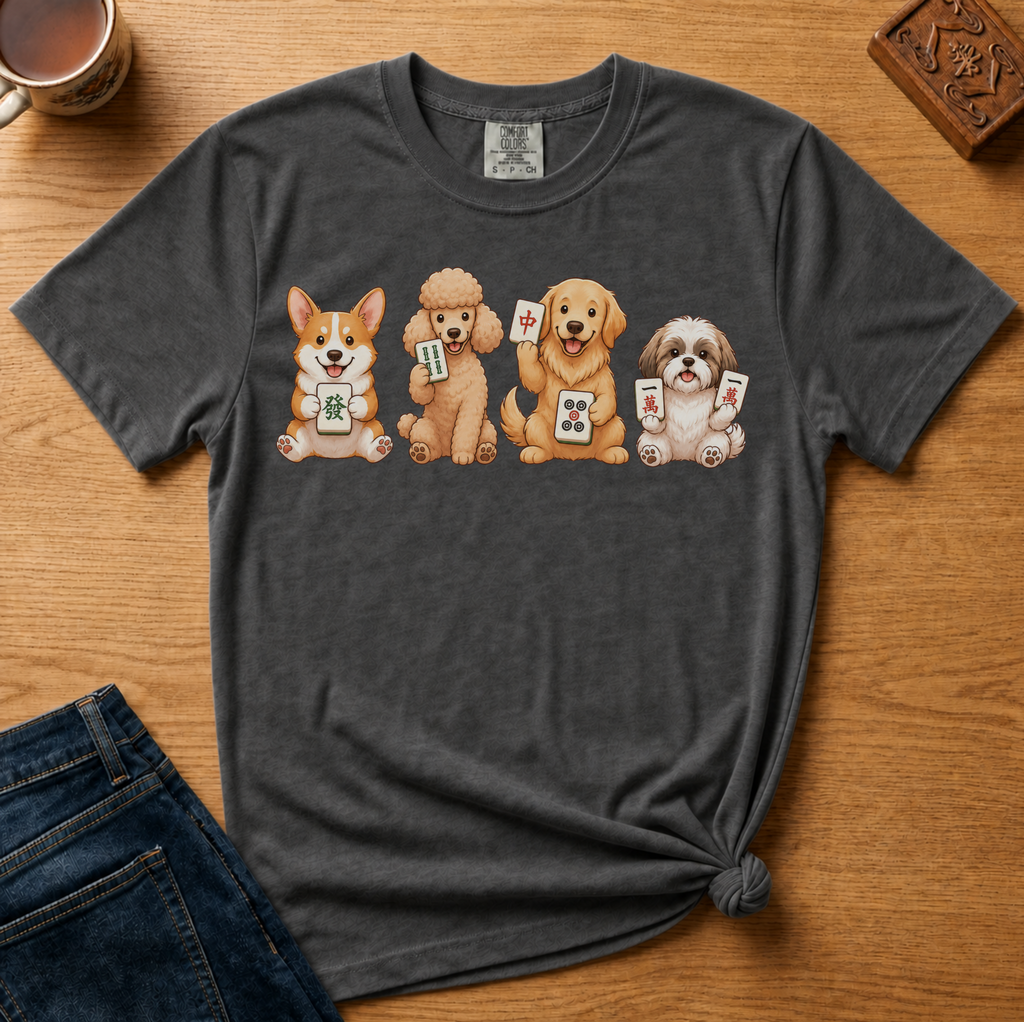 Mahjong Dogs Shirt in Berry - four cartoon dogs holding mahjong tiles on a berry Comfort Colors 1717 tee, flat lay