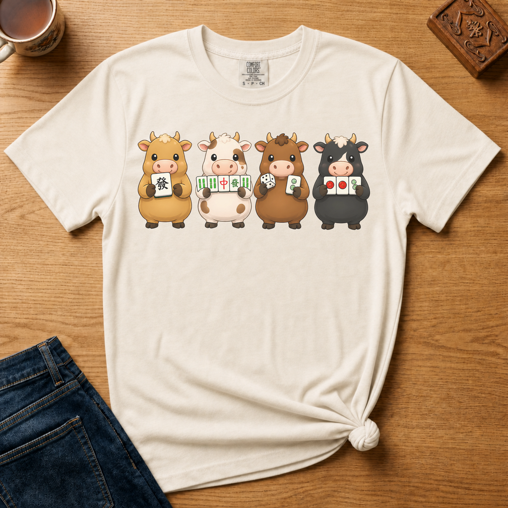 Mahjong Cows Shirt in Blossom - four cartoon cows holding mahjong tiles on a pink Comfort Colors 1717 tee, flat lay