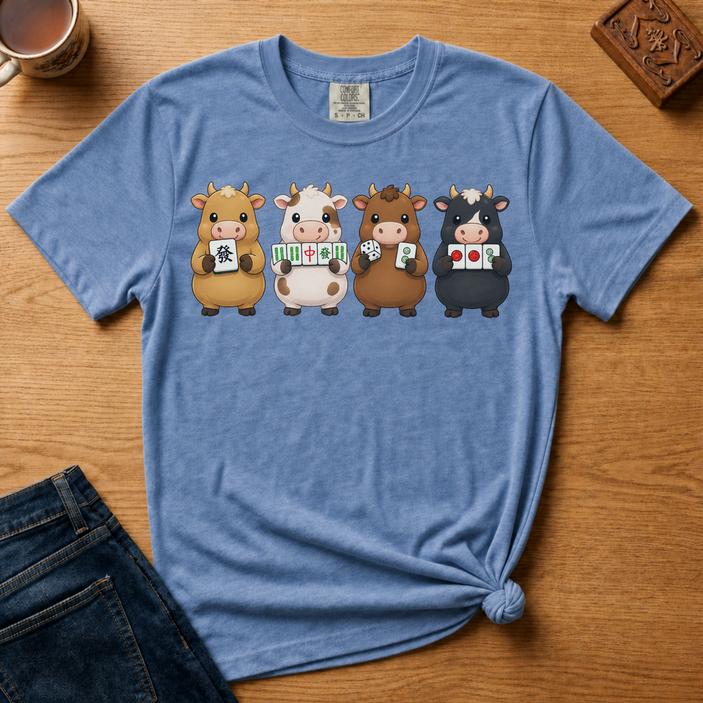 Mahjong Cows Shirt in Black - four cartoon cows holding mahjong tiles on a black Comfort Colors 1717 tee, flat lay