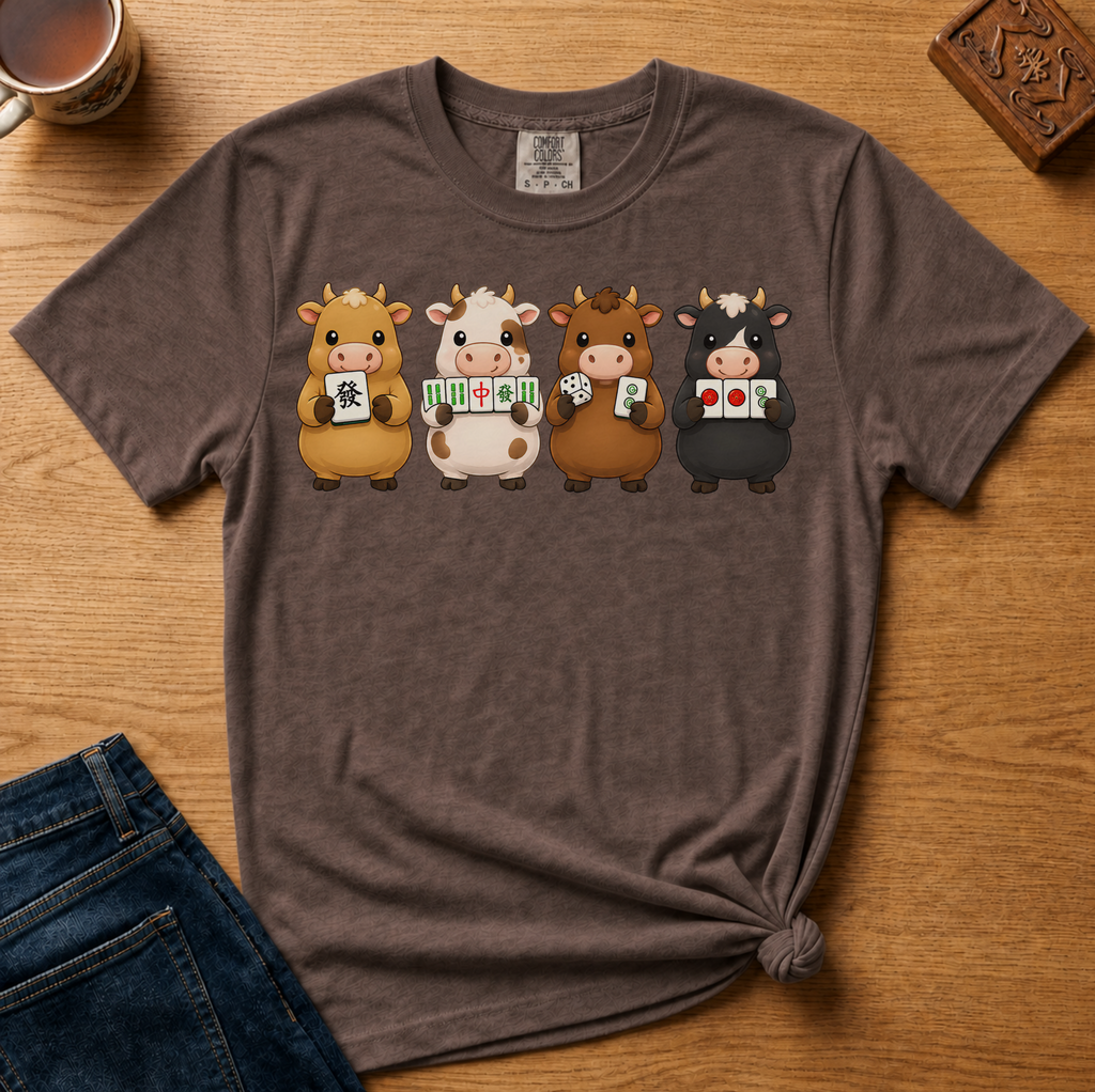 Mahjong Cows Shirt in Espresso - four cartoon cows holding mahjong tiles on a brown Comfort Colors 1717 tee, flat lay