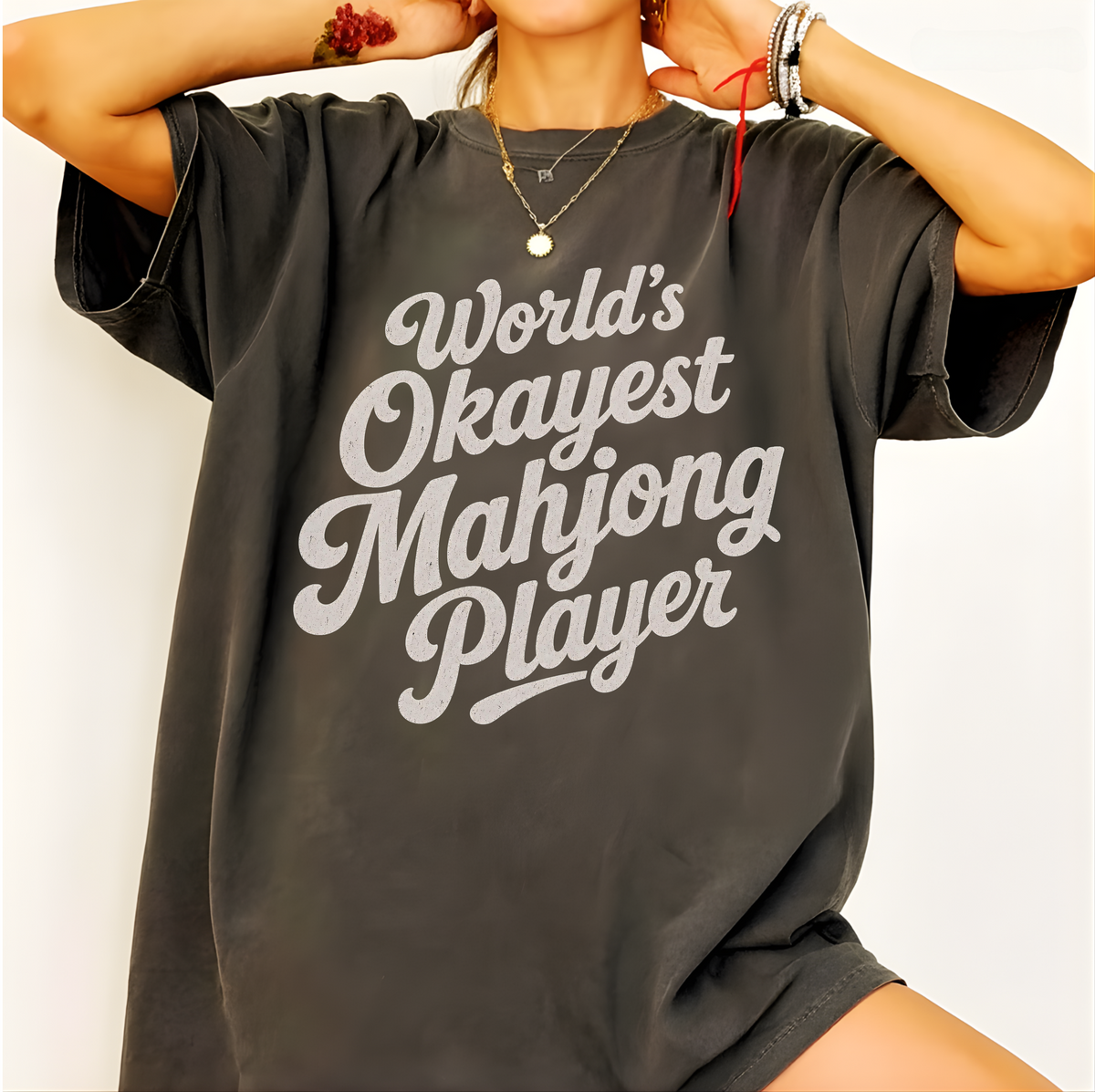 Close-up of the World's Okayest Mahjong Player retro script design