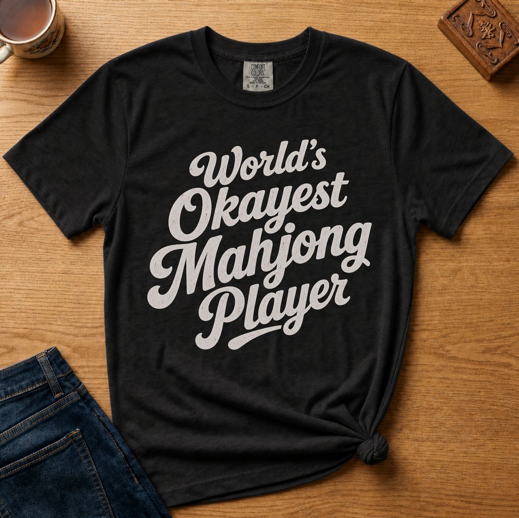 World's Okayest Mahjong Player Shirt in Black - retro cream script on a black Comfort Colors 1717 tee, flat lay