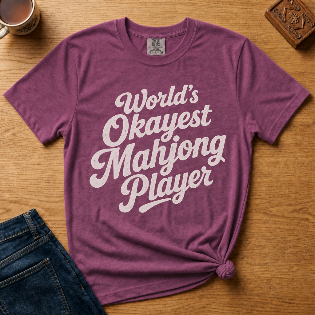 World's Okayest Mahjong Player Shirt in Moss - retro cream script on a green Comfort Colors 1717 tee, flat lay