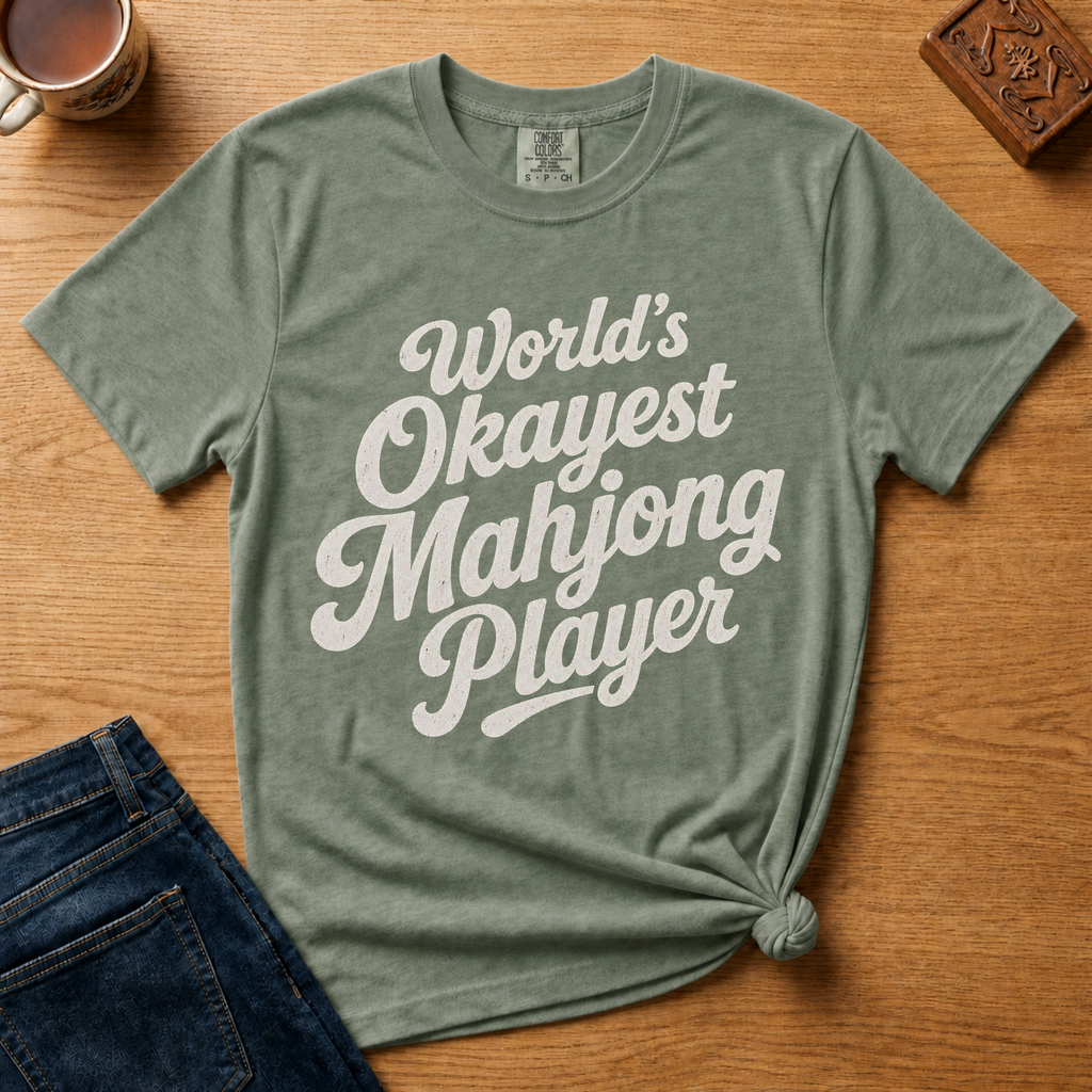 World's Okayest Mahjong Player Shirt in Pepper - retro cream script on a dark grey Comfort Colors 1717 tee, flat lay