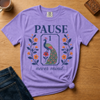 Pause Never Mind Peacock Shirt in Moss - one-bam peacock tile design on a green Comfort Colors 1717 tee, flat lay