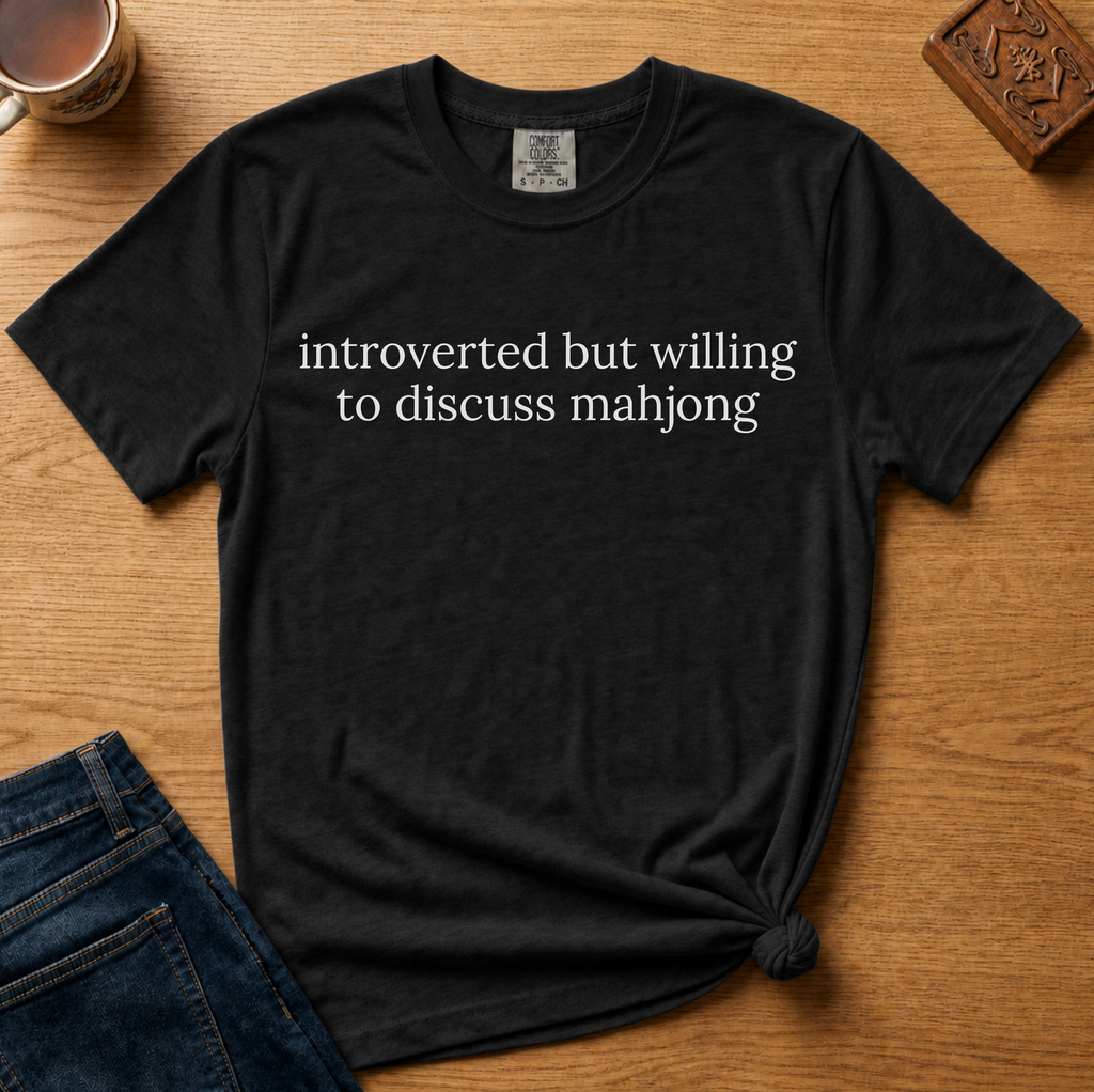 Introverted But Willing To Discuss Mahjong Shirt in Berry - cream serif text on a berry Comfort Colors 1717 tee, flat lay