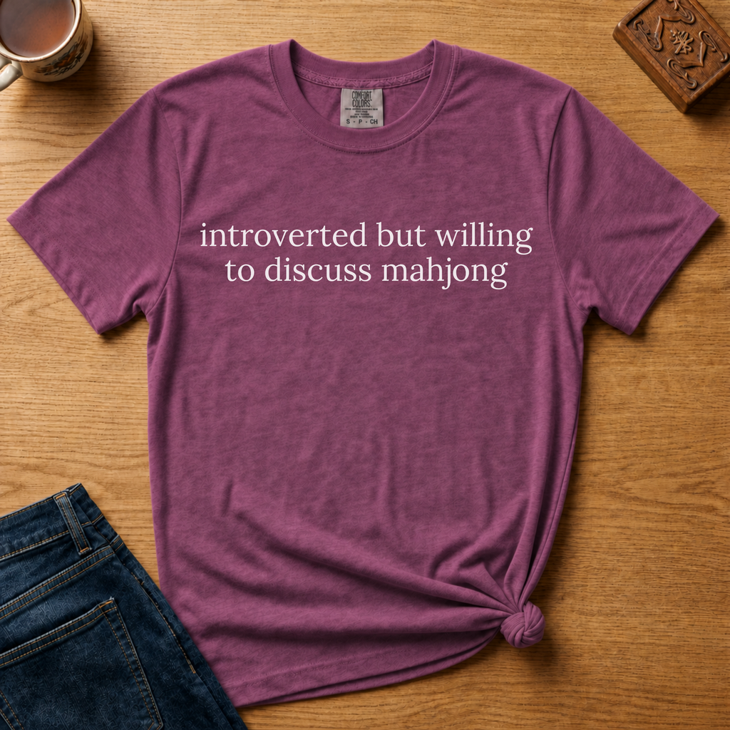 Introverted But Willing To Discuss Mahjong Shirt in Espresso - cream serif text on a brown Comfort Colors 1717 tee, flat lay
