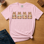 Mahjong Capybara Shirt in Black - four cartoon capybaras holding mahjong tiles on a black Comfort Colors 1717 tee, flat lay