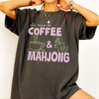 Close-up of the She Runs On Coffee And Mahjong design - coffee cup and mahjong tile doodles