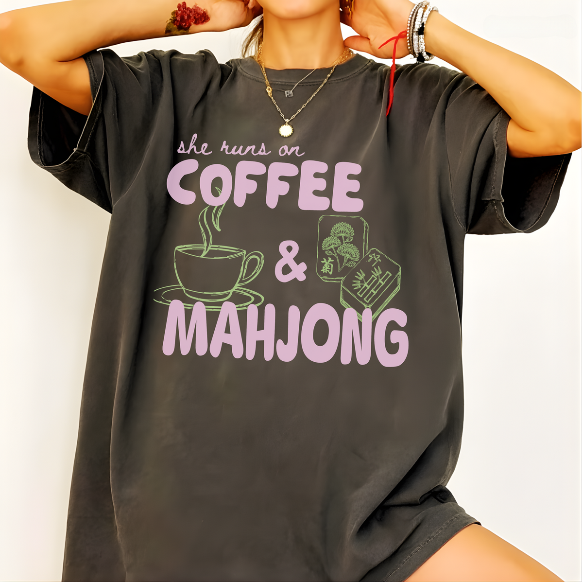 Close-up of the She Runs On Coffee And Mahjong design - coffee cup and mahjong tile doodles