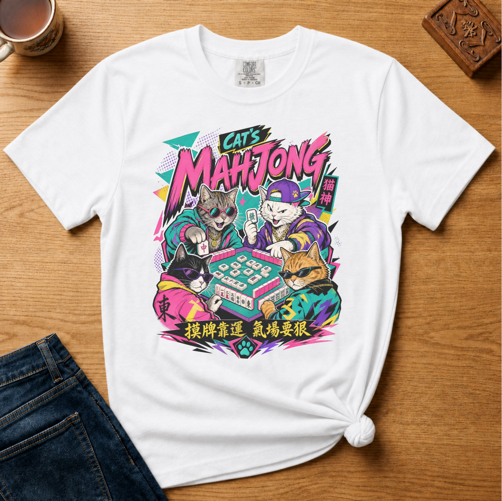 Retro 90s Mahjong Cats Shirt in Blossom - four streetwear cats playing mahjong in retro anime style on a pink Comfort Colors 1717 tee, flat lay