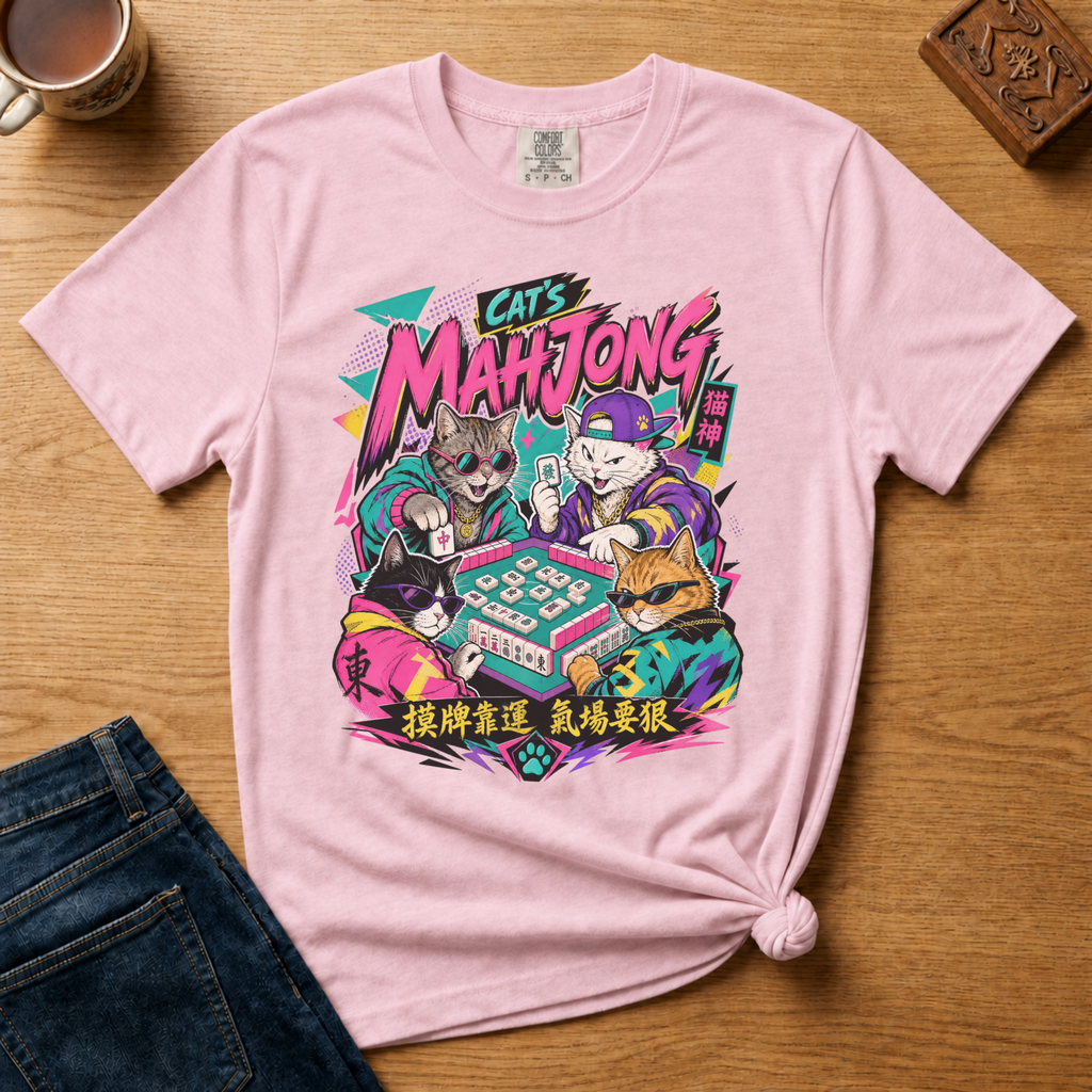 Retro 90s Mahjong Cats Shirt in Black - four streetwear cats playing mahjong in retro anime style on a black Comfort Colors 1717 tee, flat lay