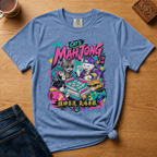 Close-up of the Retro 90s Mahjong Cats design - streetwear cats at the mahjong table