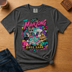Retro 90s Mahjong Cats Shirt in Pepper - four streetwear cats playing mahjong in retro anime style on a dark grey Comfort Colors 1717 tee, flat lay