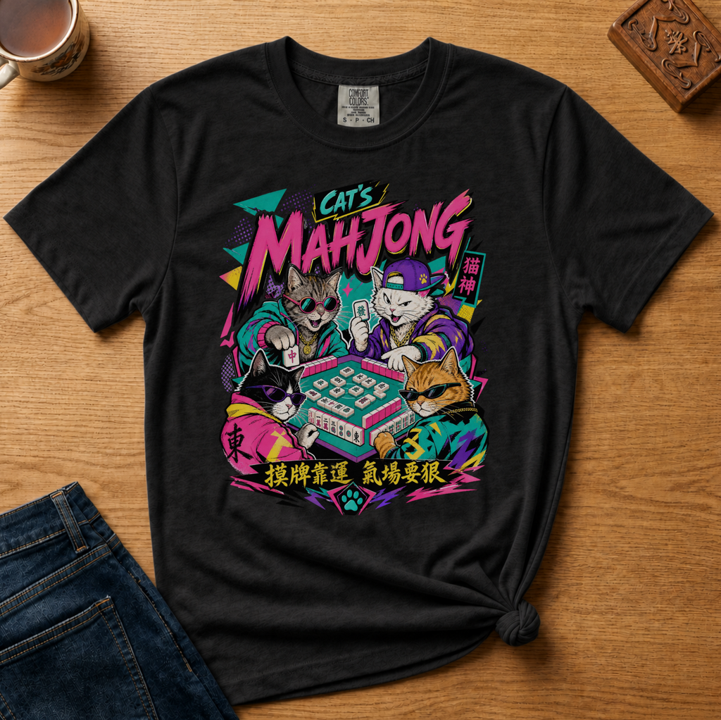Retro 90s Mahjong Cats Shirt in Ivory - four streetwear cats playing mahjong in retro anime style on an ivory Comfort Colors 1717 tee, flat lay