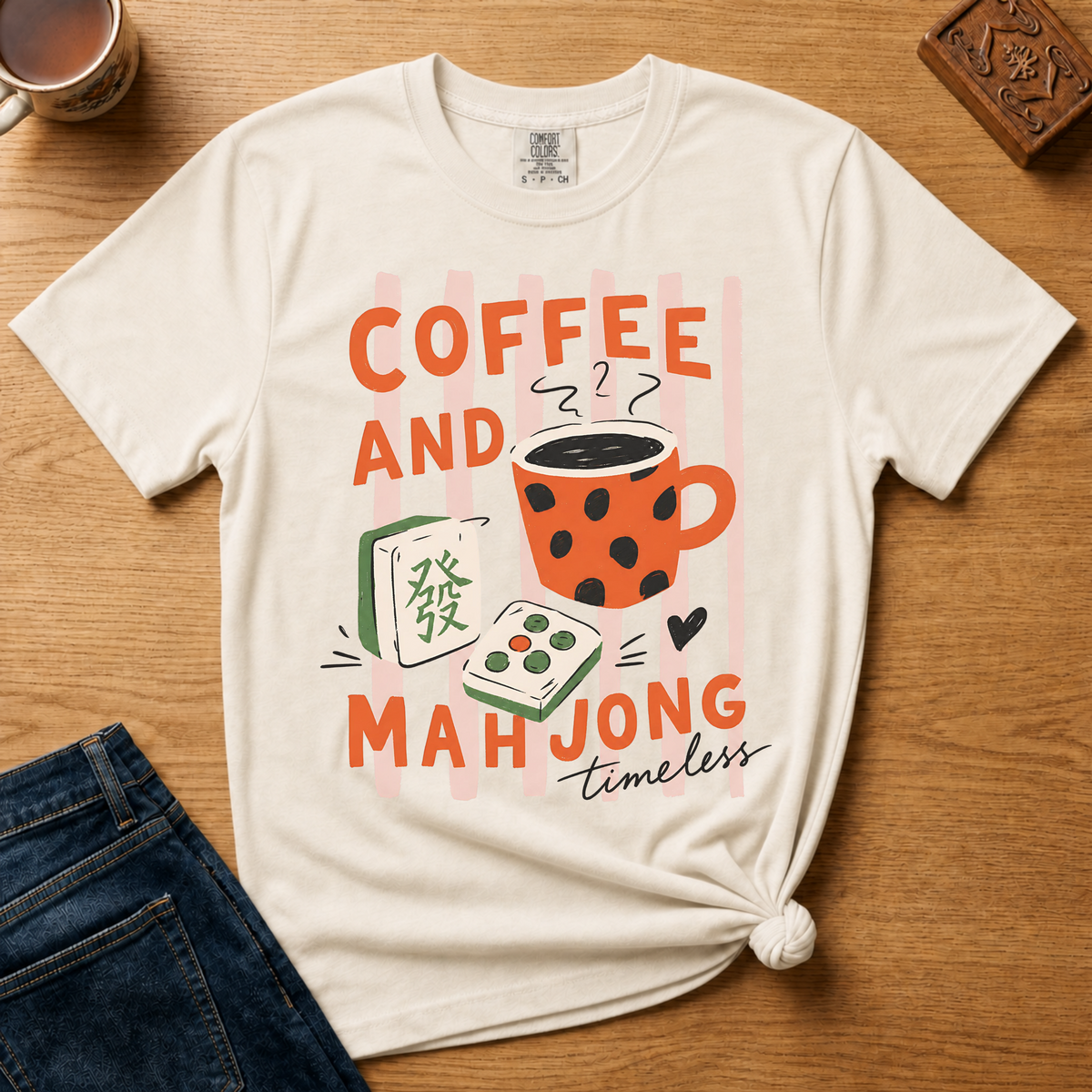 Close-up of the Striped Coffee and Mahjong design - polka-dot coffee mug and mahjong tiles