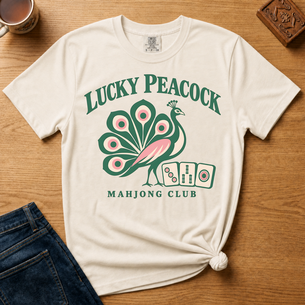 Close-up of the Lucky Peacock design - stylized peacock with fanned feathers