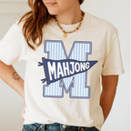 Mahjong Pennant Shirt in Jean Blue - giant striped varsity M with navy MAHJONG pennant banner on a blue Comfort Colors 1717 tee, flat lay